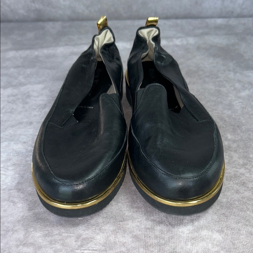 Ron White Unsized NWOT Black Leather Slip-On Loafers Gold Trim Women US 6 1/2 - Picture 8 of 8